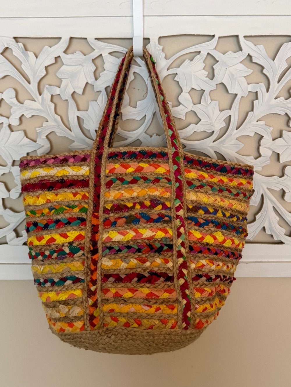 ☀️ Shiraleah Chicago Jute Woven Colorful Tote Beach Bag Basket NWOT